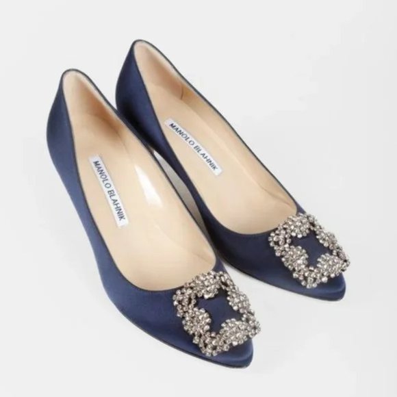 Manolo Blahnik Hangisi Blue Satin Jewel Pumps - Picture 1 of 11